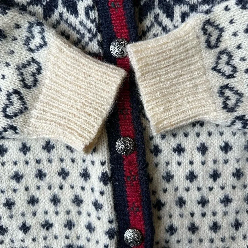 LL Bean Vintage Nordic Fair Isle Wool Sweater M Cream Multi Knit Button Front - Picture 4 of 10